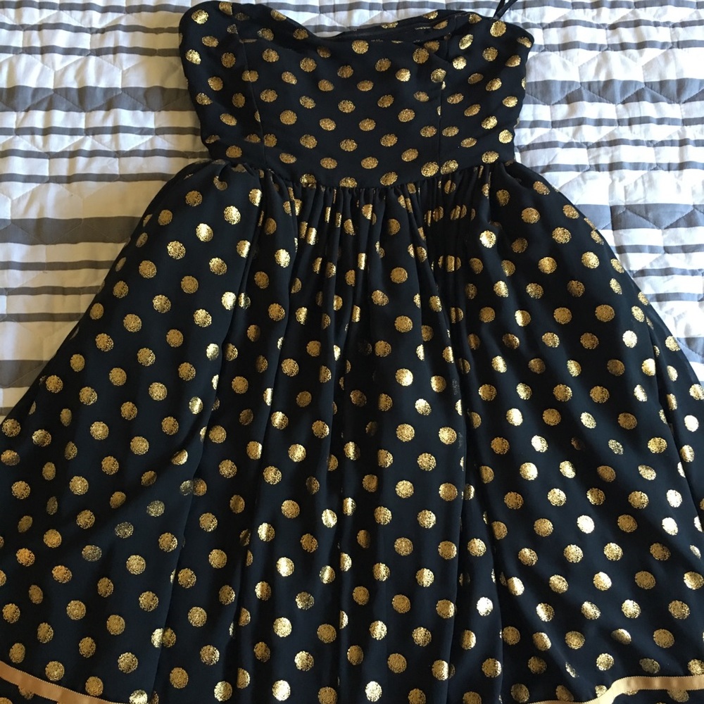 Geode black and gold polka dot strapless dress